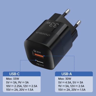 Зарядний пристрій 1хUSB-C+1xUSB 33W PD QC3.0 PD5006 чорний Choetech