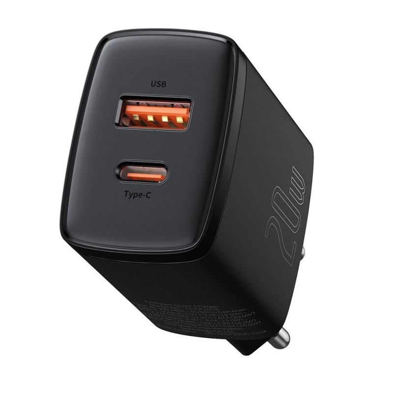 Зарядний пристрій 2xUSB 20W (USB-C+USB-A) Чорний Baseus