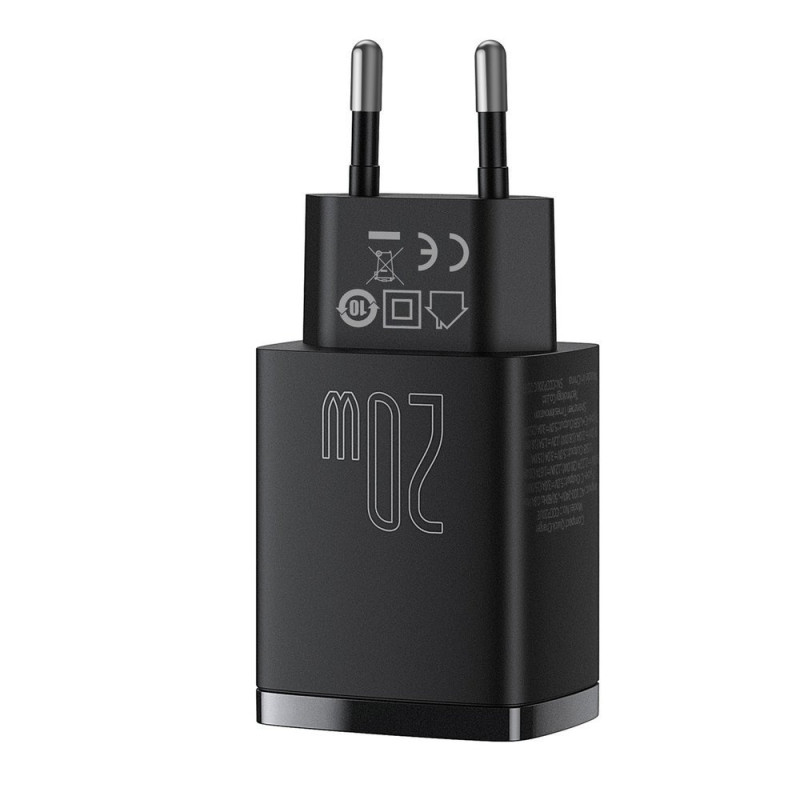 Зарядний пристрій 2xUSB 20W (USB-C+USB-A) Чорний Baseus