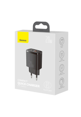 Зарядний пристрій 2xUSB 20W (USB-C+USB-A) Чорний Baseus
