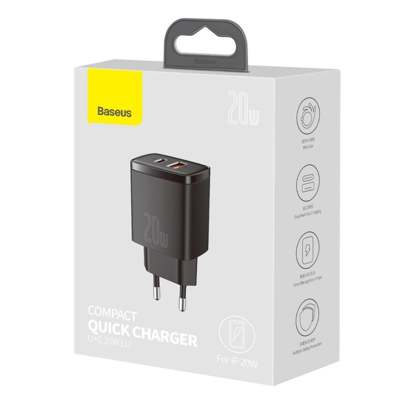 Зарядний пристрій 2xUSB 20W (USB-C+USB-A) Чорний Baseus