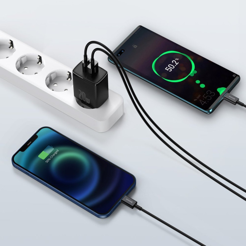 Зарядний пристрій 2xUSB 20W (USB-C+USB-A) Чорний Baseus
