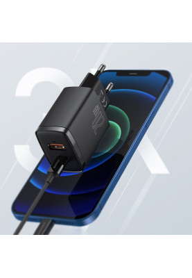 Зарядний пристрій 2xUSB 20W (USB-C+USB-A) Чорний Baseus