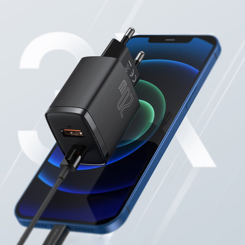 Зарядний пристрій 2xUSB 20W (USB-C+USB-A) Чорний Baseus