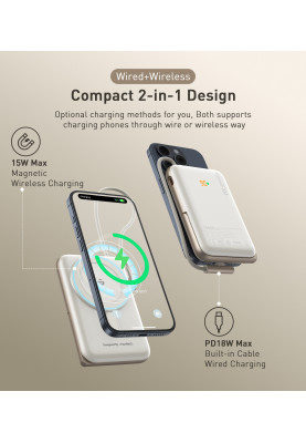 УМБ Choetech Magnetic Wireless 10000mAh 20W PD USB-C In/Out, Qi-15W,buid-in cabel White
