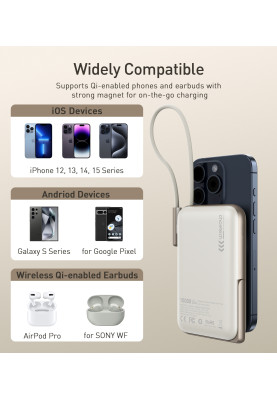 УМБ Choetech Magnetic Wireless 10000mAh 20W PD USB-C In/Out, Qi-15W,buid-in cabel White