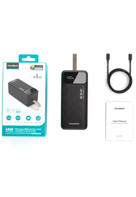 УМБ Choetech 50000mAh, 65W PD USB-C In/out, 2xUSB-A Li-pol чорна