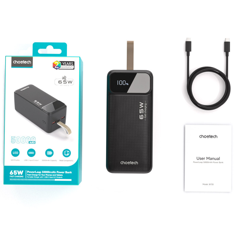 УМБ Choetech 50000mAh, 65W PD USB-C In/out, 2xUSB-A Li-pol чорна