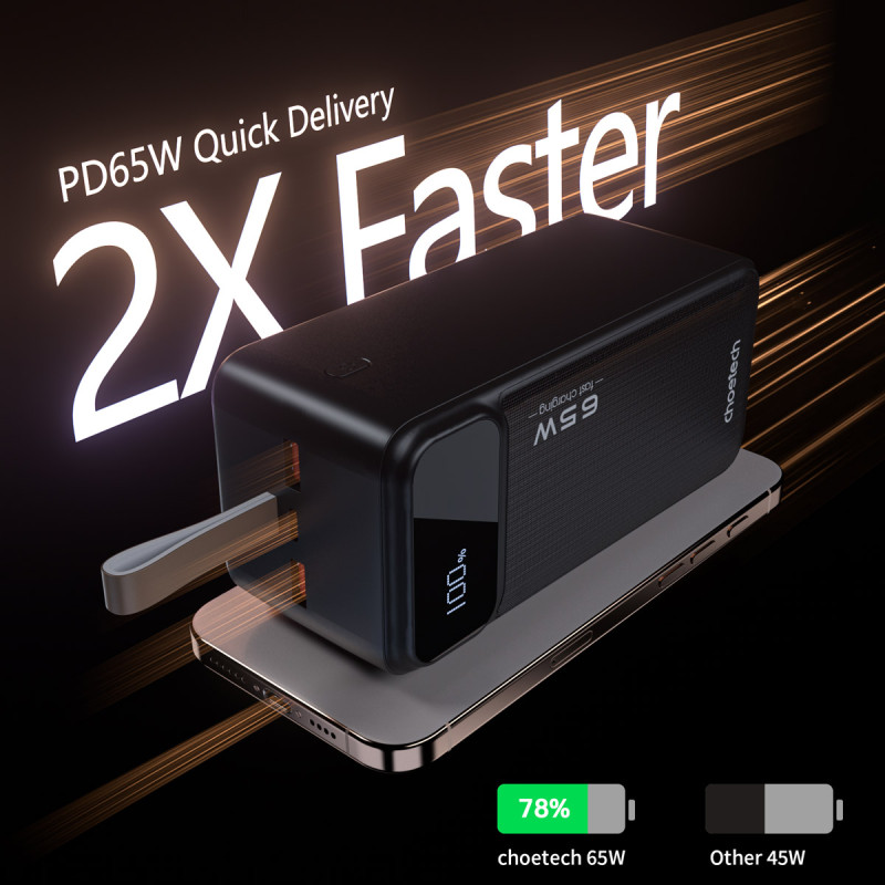 УМБ Choetech 50000mAh, 65W PD USB-C In/out, 2xUSB-A Li-pol чорна