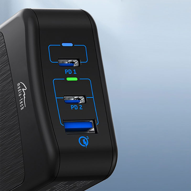 Зарядний пристрій 3xUSB 65W (2xUSB-C,USB-A) PD QC 3.0, чорний Media-Tech