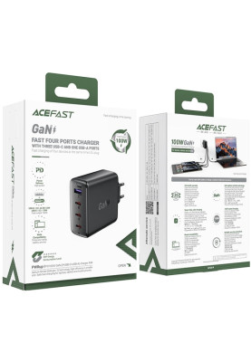 Зарядний пристрій 4xUSB 100W (3xUSB-C+USB-A) Gan A94 Fast Charger Black Acefast