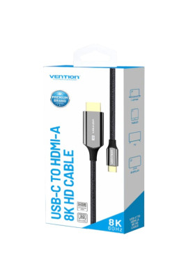 Кабель USB 3.1 Type-C M - HDMI M, 1.8m 8K 60 Гц Zinc Alloy TPE Black Vention