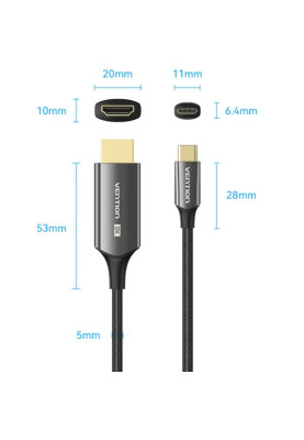 Кабель USB 3.1 Type-C M - HDMI M, 1.8m 8K 60 Гц Zinc Alloy TPE Black Vention