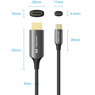 Кабель USB 3.1 Type-C M - HDMI M, 1.8m V2.0 8K 60 Гц Zinc Alloy TPE Black Vention Кабель USB 3.1 Type-C M - HDMI M, 1.8m V2.0 8K 60 Гц Zinc Alloy TPE Black Vention