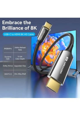 Кабель USB 3.1 Type-C M - HDMI M, 1.8m 8K 60 Гц Zinc Alloy TPE Black Vention