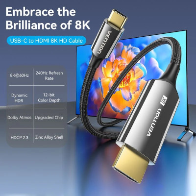 Кабель USB 3.1 Type-C M - HDMI M, 1.8m V2.0 8K 60 Гц Zinc Alloy TPE Black Vention Кабель USB 3.1 Type-C M - HDMI M, 1.8m V2.0 8K 60 Гц Zinc Alloy TPE Black Vention