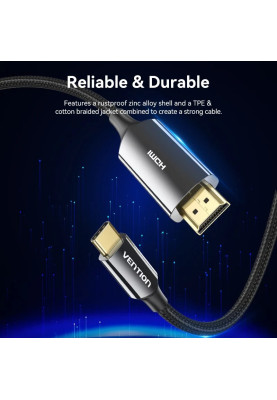 Кабель USB 3.1 Type-C M - HDMI M, 1.8m 8K 60 Гц Zinc Alloy TPE Black Vention