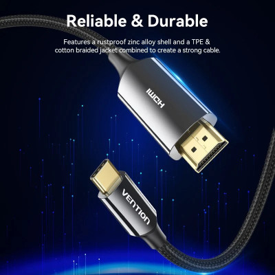 Кабель USB 3.1 Type-C M - HDMI M, 1.8m V2.0 8K 60 Гц Zinc Alloy TPE Black Vention Кабель USB 3.1 Type-C M - HDMI M, 1.8m V2.0 8K 60 Гц Zinc Alloy TPE Black Vention