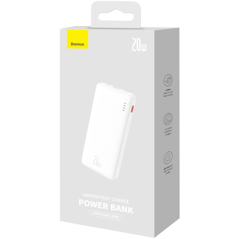 УМБ Baseus Airpow 10000mAh 20W PD,QC, USB-A, Micro-USB,USB-C In/Out White