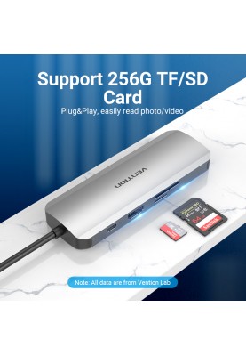 Док-станція USB3.1 Type-C --> HDMI/USB 3.0x3/RJ45/SD/TF/PD 100W Hub 8-in-1 Vention