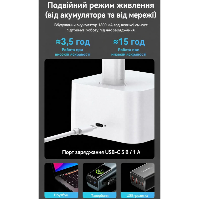 LED лампа настільна Vention USB Rechargeable Foldable Desk Lamp, 5W 6000K,1800mAh,Aluminum,біла
