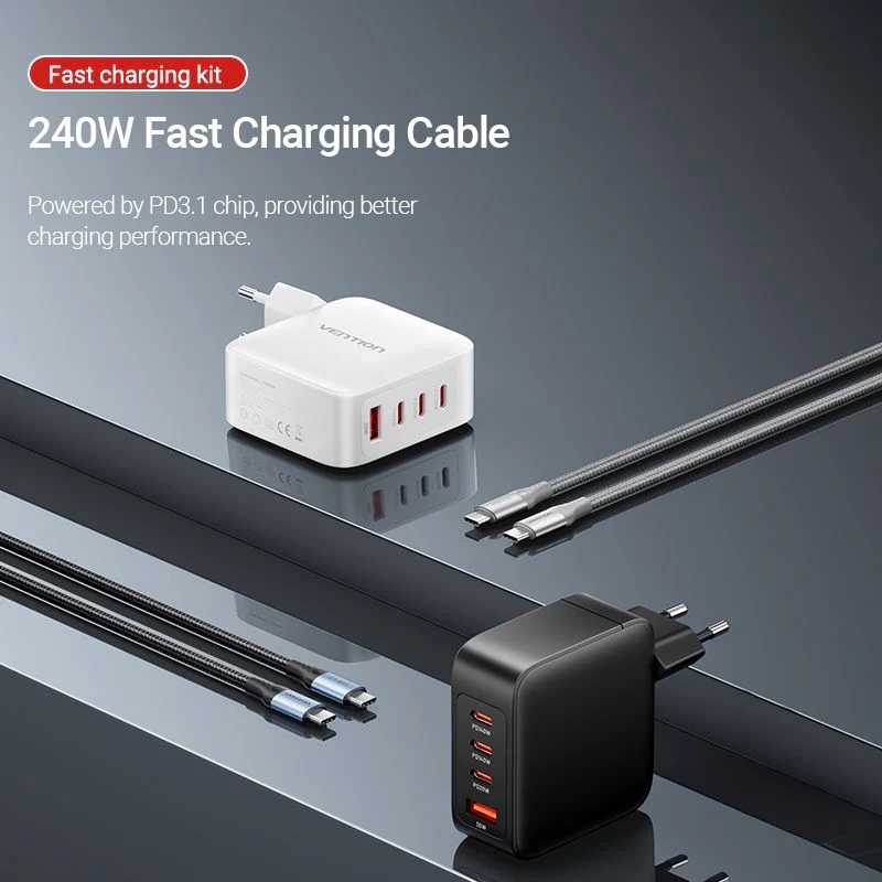 Зарядний пристрій 4xUSB 140W (3xUSB-C+USB-A) PD3.1/QC3.0/GaN White Vention