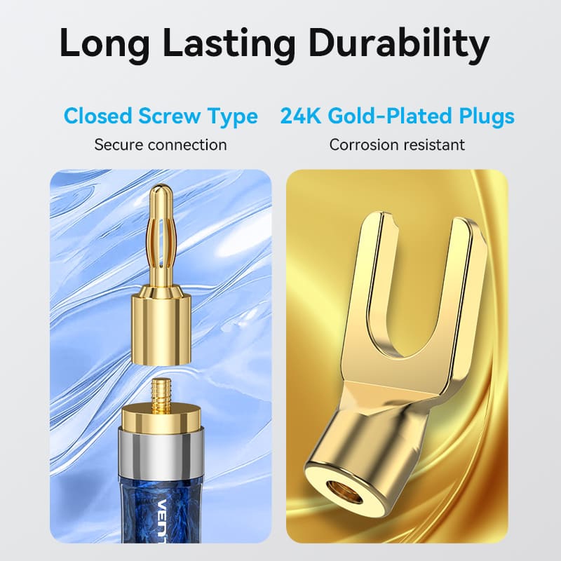 HiFi Audio Speaker Cable 1.5м,Banana-Spade 2xM/M,4N OFC Silver, Gold-Plated,TPE + обплетення,Vention