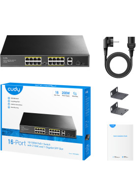 Комутатор Cudy FS1018PS1, 16 порт 10/100M PoE+ Switch with 2 Gigabit Uplink and 1 SFP Port  200W