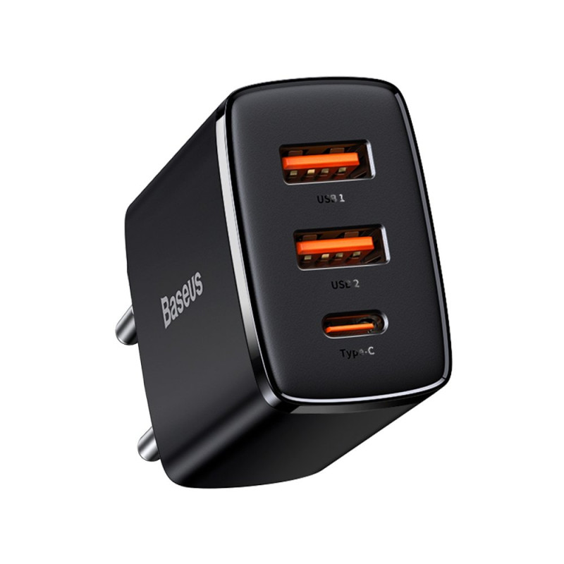 Зарядний пристрій 3xUSB 30W (USB-C+USB-A) Чорний Baseus