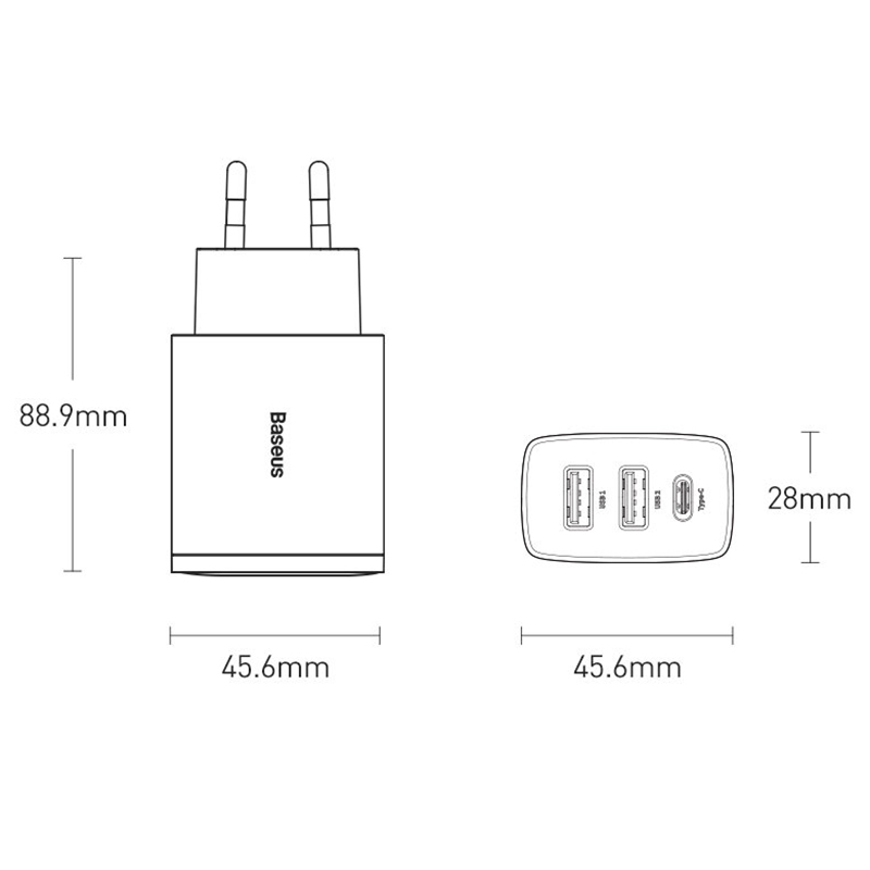 Зарядний пристрій 3xUSB 30W (USB-C+USB-A) Чорний Baseus