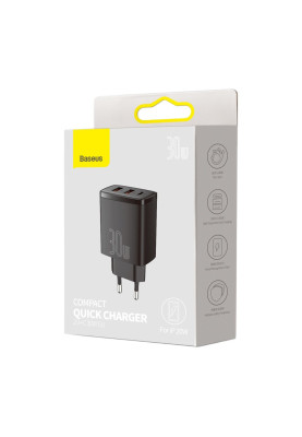 Зарядний пристрій 3xUSB 30W (USB-C+USB-A) Чорний Baseus