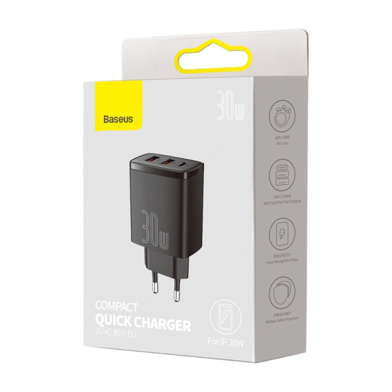 Зарядний пристрій 3xUSB 30W (USB-C+USB-A) Чорний Baseus