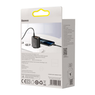 Зарядний пристрій 3xUSB 30W (USB-C+USB-A) Чорний Baseus