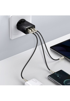 Зарядний пристрій 3xUSB 30W (USB-C+USB-A) Чорний Baseus