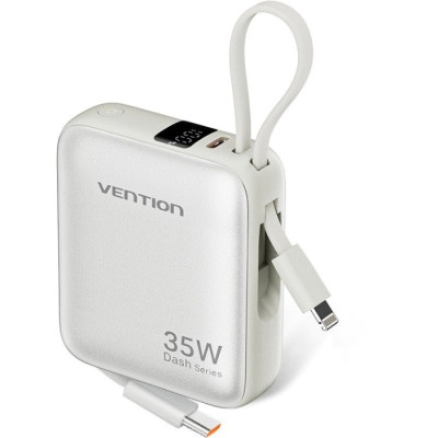 УМБ Vention 10000mAh 35W PD, USB-C In/Out, built-in USB-C, Lightning Cables, LED Display, Beige УМБ Vention 10000mAh 35W PD, USB-C In/Out, built-in USB-C, Lightning Cables, LED Display, Beige