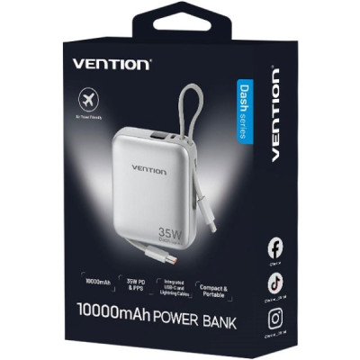 УМБ Vention 10000mAh 35W PD, USB-C In/Out, built-in USB-C, Lightning Cables, LED Display, Beige УМБ Vention 10000mAh 35W PD, USB-C In/Out, built-in USB-C, Lightning Cables, LED Display, Beige