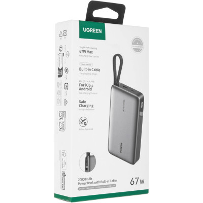 УМБ Ugreen 20000mAh PB550 67W USB-A, USB-C In/Out, with built-in USB-C cable Grey
