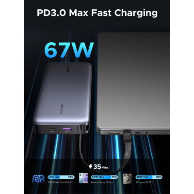 УМБ Ugreen 20000mAh PB550 67W USB-A, USB-C In/Out, with built-in USB-C cable Grey