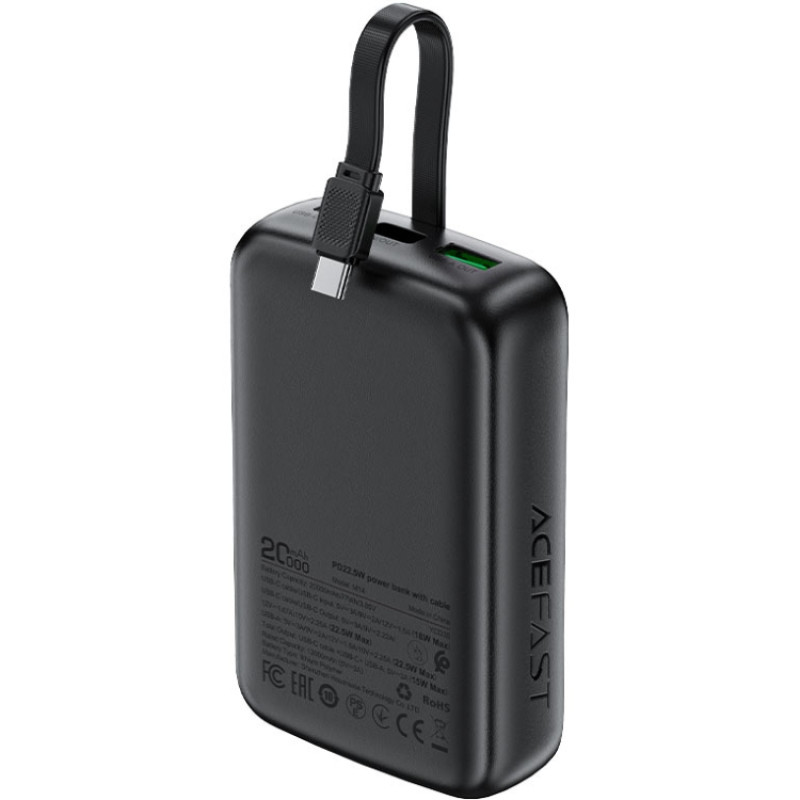 УМБ Acefast 20000mAh 22,5W PD,QC3.0 USB-A+USB-C In/Out,build-in cable M14 Black