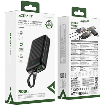 УМБ Acefast 20000mAh 22,5W PD,QC3.0 USB-A+USB-C In/Out,build-in cable M14 Black