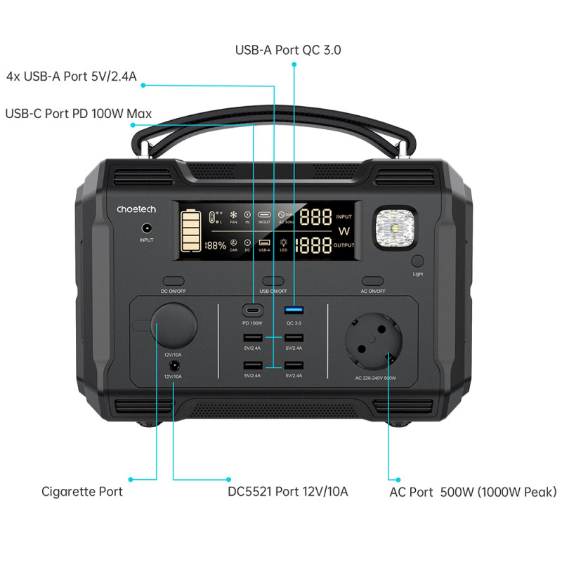 Зарядна станція Choetech BS004 500Вт (484Вт/г) QC 3.0, USB-C PD100 Вт