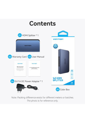 Сплітер HDMI 2.0 UHD 4K 60Hz 3D, HDCP 1x2 ports Blue Aluminum Alloy Vention