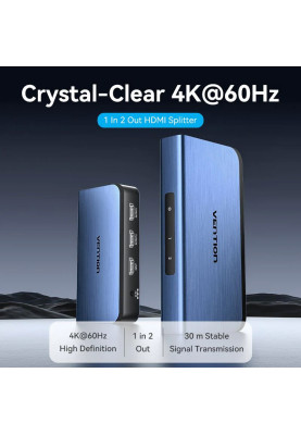 Сплітер HDMI 2.0 UHD 4K 60Hz 3D, HDCP 1x2 ports Blue Aluminum Alloy Vention