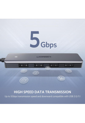 USB Hub UGREEN 4-port 15см USB 3.0 Активний, Metal Plated Shell, Ultra Slim CM219 Сірий