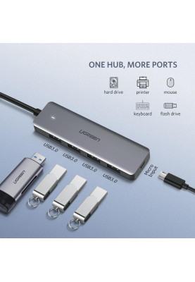 USB Hub UGREEN 4-port 15см USB 3.0 Активний, Metal Plated Shell, Ultra Slim CM219 Сірий