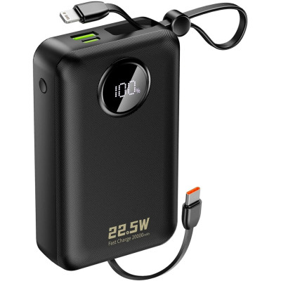 УМБ Dudao 20000mAh K14+ 22,5W PD,QC USB-A,USB-C In/Out,with built-in USB-C/Lightning cables Black