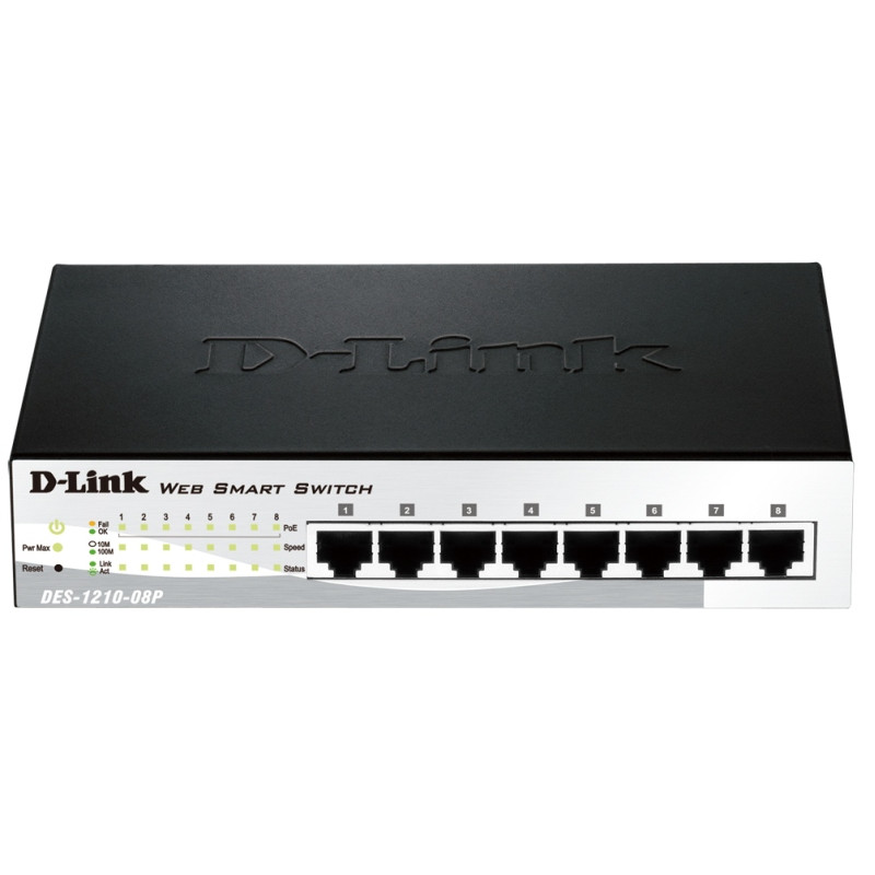 Комутатор D-Link DES-1210-08P (8 PoE ports 10/100Mbps) настроюваний WebSmart III, металевий корпус, 7.5’’