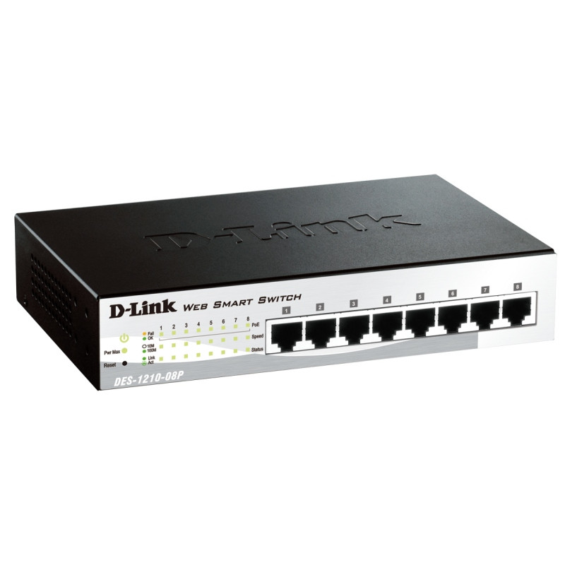 Комутатор D-Link DES-1210-08P (8 PoE ports 10/100Mbps) настроюваний WebSmart III, металевий корпус, 7.5’’
