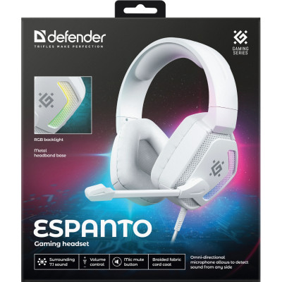 Гарнітура Defender Espanto, USB 7.1, RGB,  2м, White