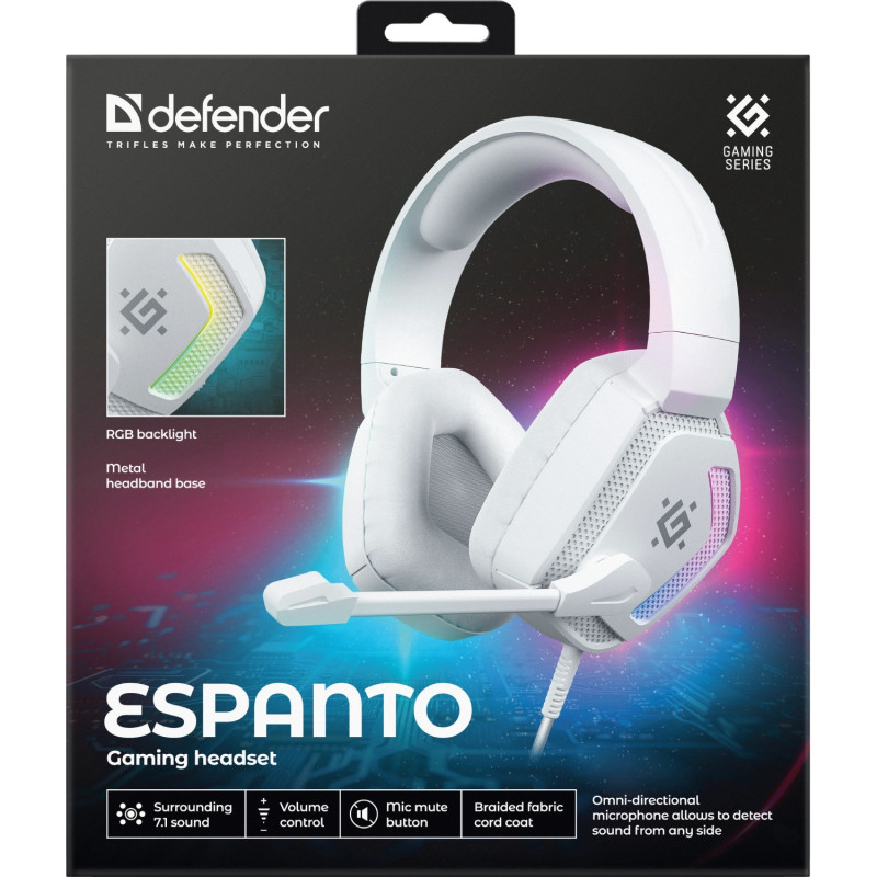Гарнітура Defender Espanto, USB 7.1, RGB,  2м, White